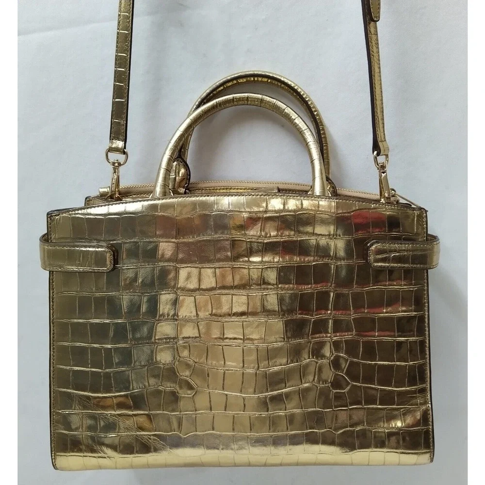 Michael Kors Karla Metallic Gold Leather Crocodile Embossed Satchel Bag - Picture 2 of 16